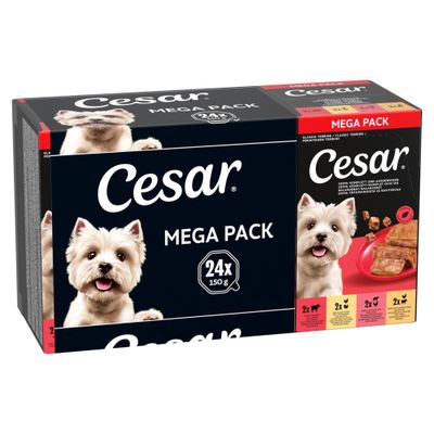 Cesar Mega Pack cu 24 de porții. 100% complet și reciclabil. Diverse arome, inclusiv legume și tipuri de carne.
