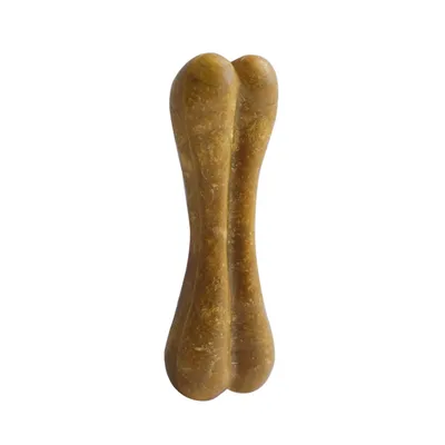 Brown bone-shaped chew, suitable as dog toy or snack.
