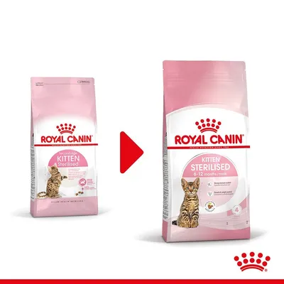 Промяна на опаковката на Royal Canin Kitten Sterilised. Стара и нова розова опаковка с коте, текст: KITTEN STERILISED 6-12 months/mois.