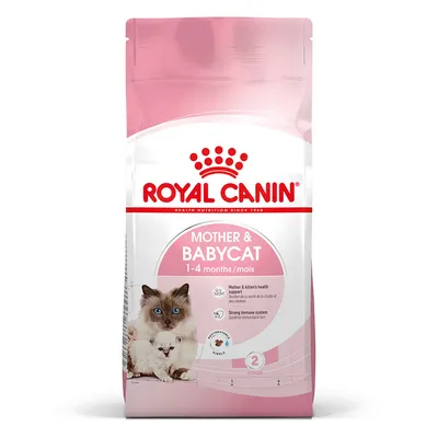Royal Canin Mother & Babycat, 1-4 месеца, подкрепа за здравето на майката и котенцата, силна имунна система, опаковка с котка и котенце.
