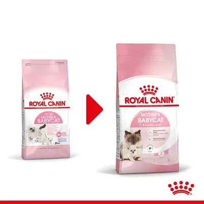 Промяна на опаковката на Royal Canin Mother & Babycat. Стара и нова розова опаковка с котки, текст: MOTHER & BABYCAT 1–4 months/mois.