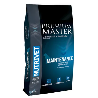 Nutrivet Premium Master Maintenance, kiegyensúlyozott eledel normál aktivitású felnőtt kutyáknak. Kiszerelés: 15 kg.