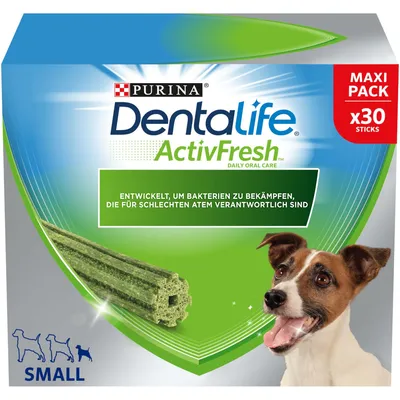 Purina Dentalife ActivFresh Maxi Pack, 30 Sticks für kleine Hunde. Entwickelt, um Bakterien zu bekämpfen, die für schlechten Atem verantwortlich sind.