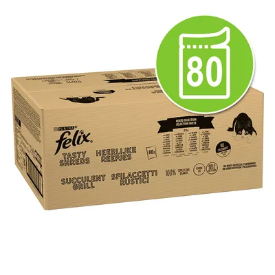 Purina Felix Tasty Shreds, selecție mixtă cu 80 de plicuri porționate. 100% complet și echilibrat, fără arome sau conservanți artificiali.