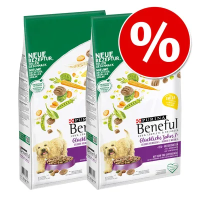 Purina Beneful Glückliche Jahre 7+ with chicken and garden vegetables, new recipe, 15% antioxidants, omega-3 fatty acids. Offer with discount sign.