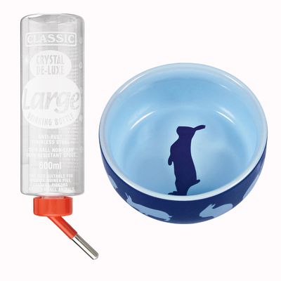 Drickflaska Classic Crystal De-Luxe Midi 320 ml med text och matskål i keramik med djursilhuett, röd procent-symbol för rabatt.