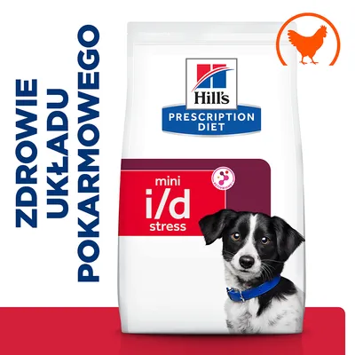 Hill's Prescription Diet mini i/d stress karma z kurczakiem, napis: zdrowie układu pokarmowego, opakowanie z wizerunkiem psa