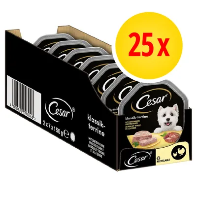 Confezione da 25 vaschette Cesar klassik-terrine, 2x7x150 g, con immagine di cane bianco e simboli pollo e tacchino visibili sulla confezione. Confezione da 25 vaschette Cesar klassik-terrine, 2x7x150 g, con immagine di cane bianco e simboli pollo e tacchino visibili sulla confezione.