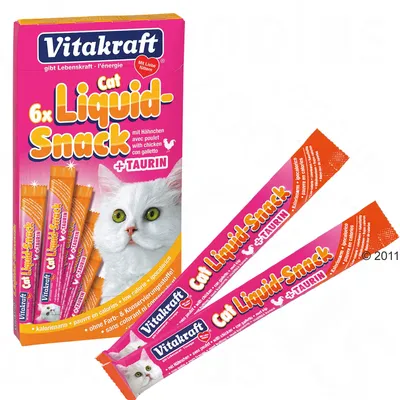 Vitakraft Cat Liquid-Snack 6x с пиле и таурин. Опаковка с изображение на бяла котка и два индивидуални стика с надпис Cat Liquid-Snack +Taurin. Vitakraft Cat Liquid-Snack 6x с пиле и таурин. Опаковка с изображение на бяла котка и два индивидуални стика с надпис Cat Liquid-Snack +Taurin.