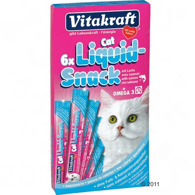 Vitakraft Cat Liquid-Snack 6x met zalm, omega 3, laag in calorieën, zonder kleur- en conserveermiddelen. Verpakking toont witte kat en zes sticks.
