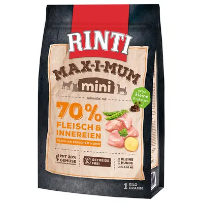 Rinti Max-i-mum Mini, 70% kød og indmad, rig på frisk kylling, med 30% grøntsager, kornfri, til små hunde 2-10 kg, ekstra små kroketter, 1 kilogram. Rinti Max-i-mum Mini, 70% kød og indmad, rig på frisk kylling, med 30% grøntsager, kornfri, til små hunde 2-10 kg, ekstra små kroketter, 1 kilogram.