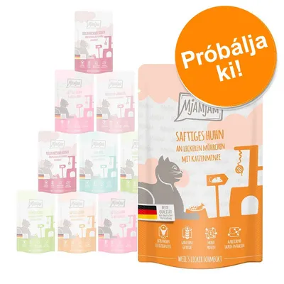 Mjamjam macskaeledel csomagolás, nagy narancssárga körben: Próbálja ki! Fő felirat: Saftiges Huhn an leckeren Möhrchen mit Katzenminze. Többféle íz variáció látható.