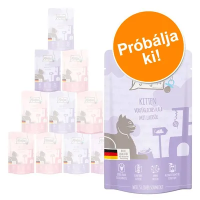 MAC's Kitten Vorzügliches Kalb mit Lachsöl macskatáplálék tasak, lila csomagolás, narancssárga kör: Próbálja ki! Német zászló, piktogramok az alján.