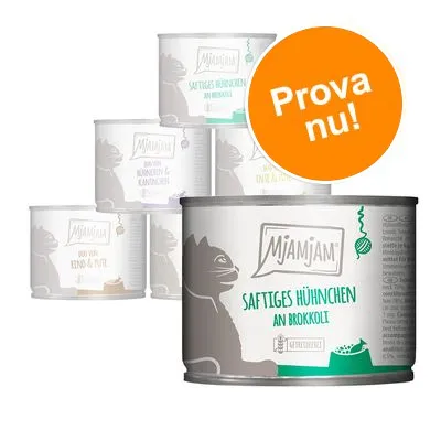 MjAMjAM burkar med texten 'Saftiges Hühnchen an Brokkoli'. Orange cirkel med texten 'Prova nu!'. Flera smaker synliga i bakgrunden. MjAMjAM burkar med texten 'Saftiges Hühnchen an Brokkoli'. Orange cirkel med texten 'Prova nu!'. Flera smaker synliga i bakgrunden.