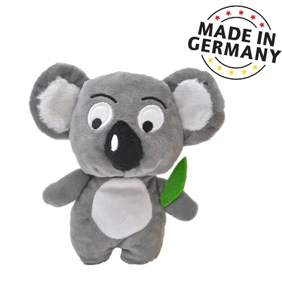 Grijs pluche koala-speelgoed met groen blad. Tekst in beeld: Made in Germany.