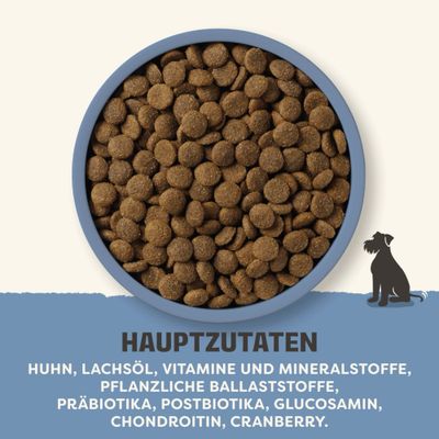 Hauptzutaten: Huhn, Lachsöl, Vitamine und Mineralstoffe, pflanzliche Ballaststoffe, Präbiotika, Postbiotika, Glucosamin, Chondroitin, Cranberry.