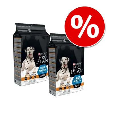 Dva pytle krmiva Purina Pro Plan Large Athletic Adult s obrázkem dalmatina, nápisy OPTIHEALTH a velká červená ikona procenta pro zvýraznění akce nebo slevy.