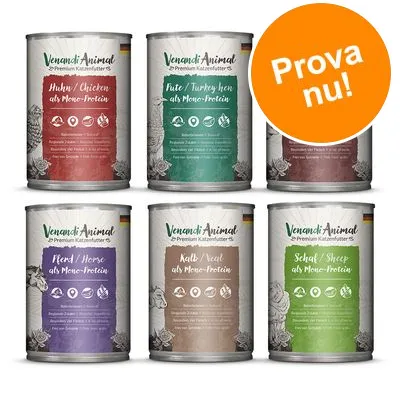 Sex burkar Venandi Animal Premium Katzenfutter med smaker: Huhn, Pute, Rind, Kalb, Pferd, Schaf. Orange cirkel med texten 'Prova nu!'. Sex burkar Venandi Animal Premium Katzenfutter med smaker: Huhn, Pute, Rind, Kalb, Pferd, Schaf. Orange cirkel med texten 'Prova nu!'.