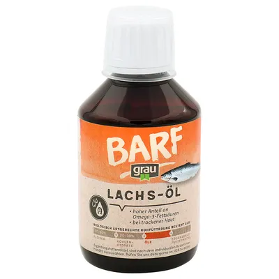BARF grau lakseolie, højt indhold af omega-3-fedtsyrer, til tør hud. Suppleringsfoder til biologisk korrekt råfodring.