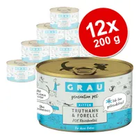 GRAU Kitten pulyka és pisztráng, 70% hústartalom, hozzáadott cukor nélkül, gabonamentes. 12 x 200 g-os csomag.
