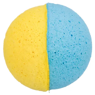 Gelb-blauer Ball aus porösem Material, geeignet für Spielzwecke.