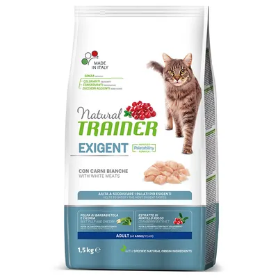 Sac de croquettes Natural Trainer Exigent pour chat adulte, 1,5 kg, avec viandes blanches, pulpe de betterave et chicorée, extrait de myrtille rouge. Sans colorants, conservateurs ni sucres ajoutés.