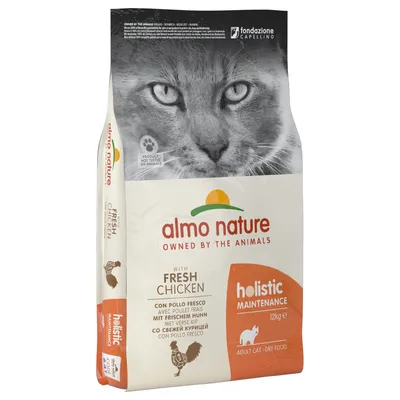 almo nature holistic maintenance with fresh chicken, karma sucha dla dorosłych kotów, 12 kg. Widoczny napis: product not tested on animals. Marka fondazione Capellino.