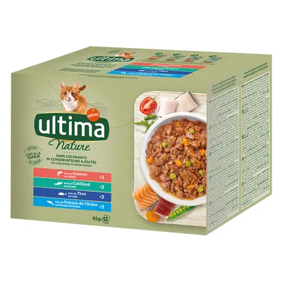 Ultima Nature krmivo pro kočky, bez barviv a konzervantů, druhy: losos, treska, tuňák, oceánská ryba. Balení 12 x 85g.