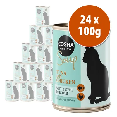 Pack de 24 latas de 100 g Cosma Pure Love Soup, atún y pollo con boniato en caldo suave. Imagen de las latas apiladas y texto visible en inglés en el envase.