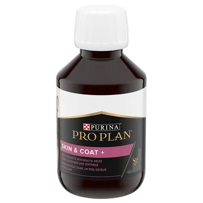Purina Pro Plan Skin & Coat+, supplement ter bevordering van huidgezondheid en glans van de vacht, fles met witte dop.