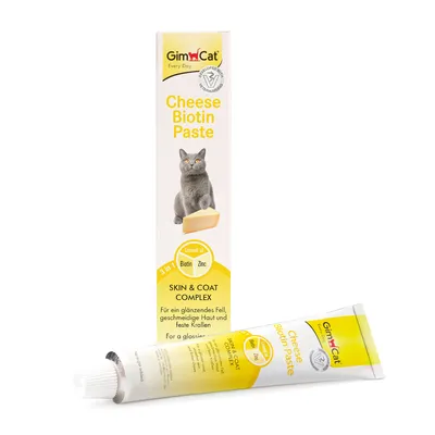 GimCat Cheese Biotin Paste. Skin & Coat Complex mit Leinöl, Biotin und Zink. Für glänzendes Fell, geschmeidige Haut und feste Krallen. 3-in-1 Formel.
