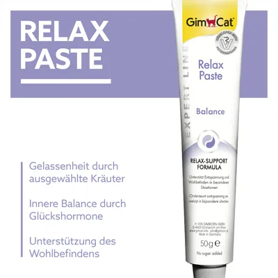 GimCat Relax Paste Balance, Relax-Support Formula. Gelassenheit durch ausgewählte Kräuter, innere Balance durch Glückshormone, Unterstützung des Wohlbefindens, 50g. GimCat Relax Paste Balance, Relax-Support Formula. Gelassenheit durch ausgewählte Kräuter, innere Balance durch Glückshormone, Unterstützung des Wohlbefindens, 50g.