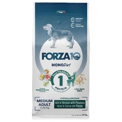 FORZA10 MONODiet Medium Adult hondenvoer, hypoallergeen, rijk aan hert met aardappel, 1 eiwitbron, voor honden van 11–35 kg, zak van 12 kg. Tekst deels in het Engels en Italiaans.