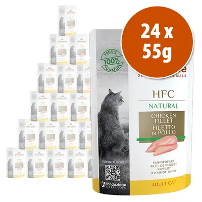 Pack de 24 sobres de 55 g de Alma Nature HFC Natural Filete de Pollo para gato adulto. Texto visible: 'Profits 100% to nature', código QR, imagen de un gato y filete de pollo. Pack de 24 sobres de 55 g de Alma Nature HFC Natural Filete de Pollo para gato adulto. Texto visible: 'Profits 100% to nature', código QR, imagen de un gato y filete de pollo.