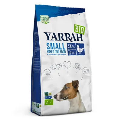 Ambalaj hrană uscată pentru câini Yarrah BIO Small Breed Dog Food, proteină 26 %, grăsimi 17 %, etichetă 100 % reciclabil, certificare bio vizibilă pe ambalaj. Ambalaj hrană uscată pentru câini Yarrah BIO Small Breed Dog Food, proteină 26 %, grăsimi 17 %, etichetă 100 % reciclabil, certificare bio vizibilă pe ambalaj.