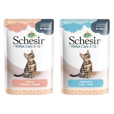 Schesir Kitten Care 3-12, Tonnetto Thunfisch, 24x Portionsbeutel. Verpackung zeigt ein Kätzchen.