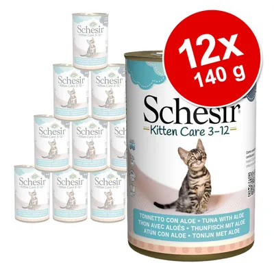 Schesir Kitten Care 3-12, tonfisk med aloe, 12x 140g. Produktbild med kattmotiv och förpackningsdetaljer.