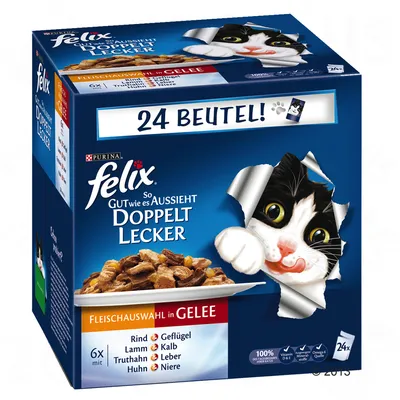 Упаковка Felix Doppelt Lecker, 24 пакетика. Варианты: говядина, птица, ягнёнок, телятина, индейка, печень, курица, почки в желе. Видны логотип Purina и надписи на немецком.