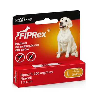 Fiprex L 300 mg/4 ml, Fipronil, roztwór do nakrapiania dla psów, 1 x 4 ml, na psa o masie 20–40 kg. Opakowanie z wizerunkiem psa i symbolami przeciw kleszczom i pchłom.