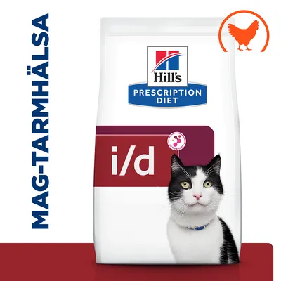 Hill's Prescription Diet i/d kattmat, texten MAG-TARMHÄLSA till vänster och en kycklingsymbol uppe till höger synliga på förpackningen.