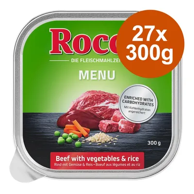 Rocco Menu, 27 barquettes de 300 g, bœuf aux légumes et au riz. Texte visible : enriched with carbohydrates. Image de viande, carottes, petits pois, riz sur l’emballage.