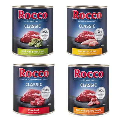 Pachet economic Rocco Classic 24 x 800 g Vită pură, Vită și burtă de vită, Vită și inimi de pasăre, Vită și pui