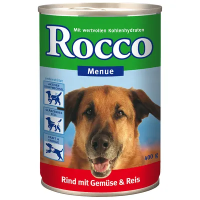 Rocco Menue, 400 g. Rind mit Gemüse & Reis. Texto em alemão: Mit wertvollen Kohlenhydraten, unterstützt aktiven Stoffwechsel, glänzendes Fell, Kraft & Energie.