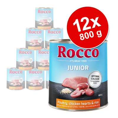 Rocco Junior, 12×800 g konzervy. Viditeľný text: Poultry, chicken hearts & rice, Optimal calcium to phosphorus ratio.