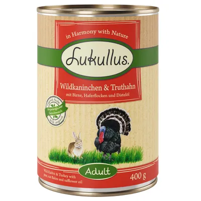 Lukullus divji zajec in puran s hruško, ovsenimi kosmiči in osatovim oljem. Za odrasle. 400 g konzerva. Prvinski okus, v Harmony with Nature.