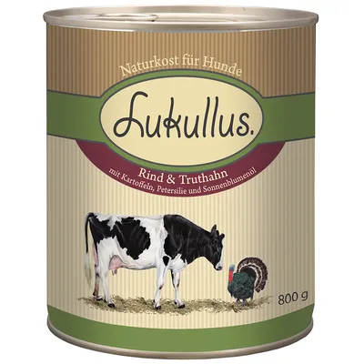 Lukullus Naturkost für Hunde, Rind & Truthahn mit Kartoffeln, Petersilie und Sonnenblumenöl, 800 g pločevinka. Besedilo v nemščini.