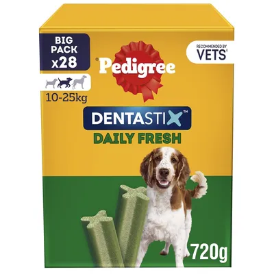 Box showing Dentastix Daily Fresh, big pack of 28 for 10-25kg, recommended by vets, 720g. Image includes two green dental sticks and a medium-sized dog.