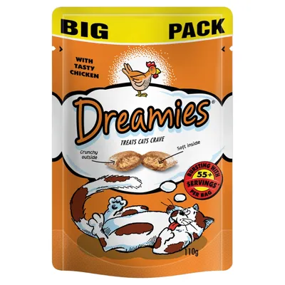Sachet Dreamies BIG PACK 110g, friandises pour chats au poulet, mentionne « crunchy outside, soft inside », « bursting with 55+ servings per bag », illustrations de chats et poulet visibles. Sachet Dreamies BIG PACK 110g, friandises pour chats au poulet, mentionne « crunchy outside, soft inside », « bursting with 55+ servings per bag », illustrations de chats et poulet visibles.