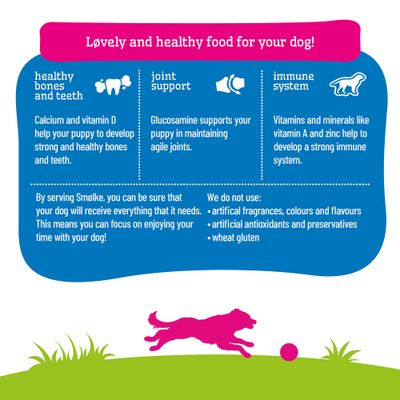Lovely and healthy food for your dog! Calcium and vitamin D for bones, glucosamine for joints, vitamins for the immune system. Free from artificial additives or wheat gluten.