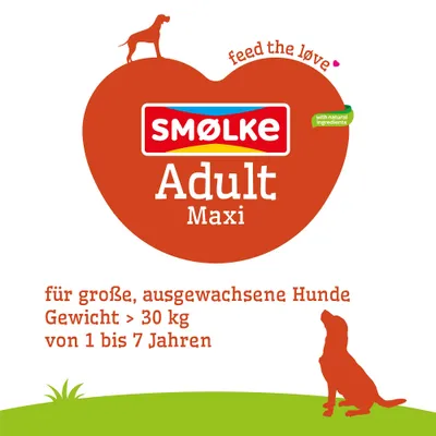 SMØLKE Adult Maxi mit natürlichen Zutaten, für große ausgewachsene Hunde, Gewicht über 30 kg, Alter von 1 bis 7 Jahren. SMØLKE Adult Maxi mit natürlichen Zutaten, für große ausgewachsene Hunde, Gewicht über 30 kg, Alter von 1 bis 7 Jahren.